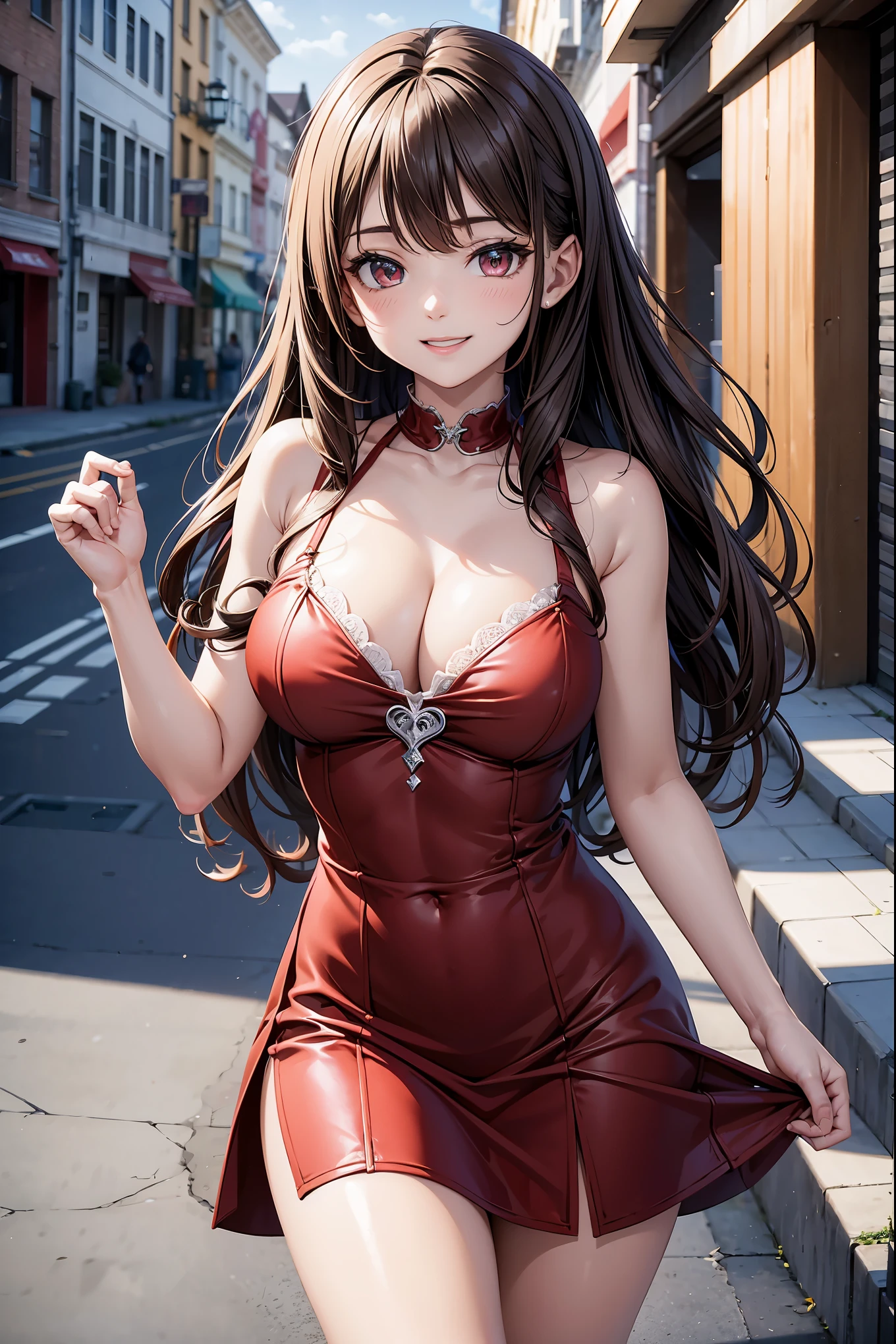 Beautiful face、Brown hair、Wavy curly hair、((scarlet eyes、Sareme))、shiny and smooth hair, Smiling smile, a 18 year old girl、extremely detailed CG unified 8k wallpaper, Highly detailed、sexy dress、