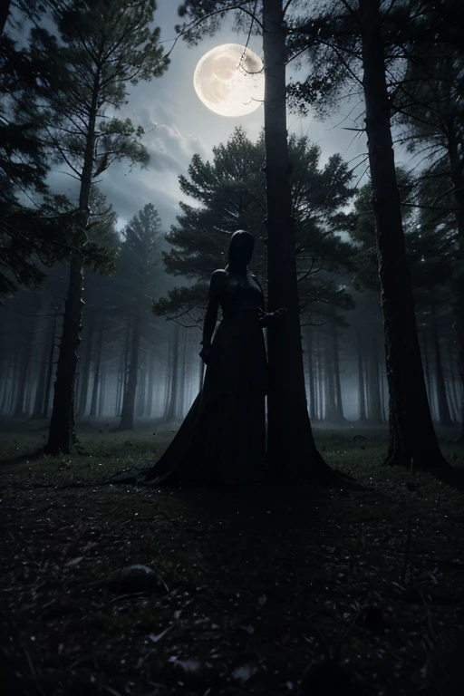 Describe a night scene in a dense and ancient forest. The moon is partially obscured by clouds, casting a pale and intermittent light on twisted trees. A mysterious figure emerges from the shadows, while chilling whispers echo through the branches. Create an atmosphere of suspense and unease.