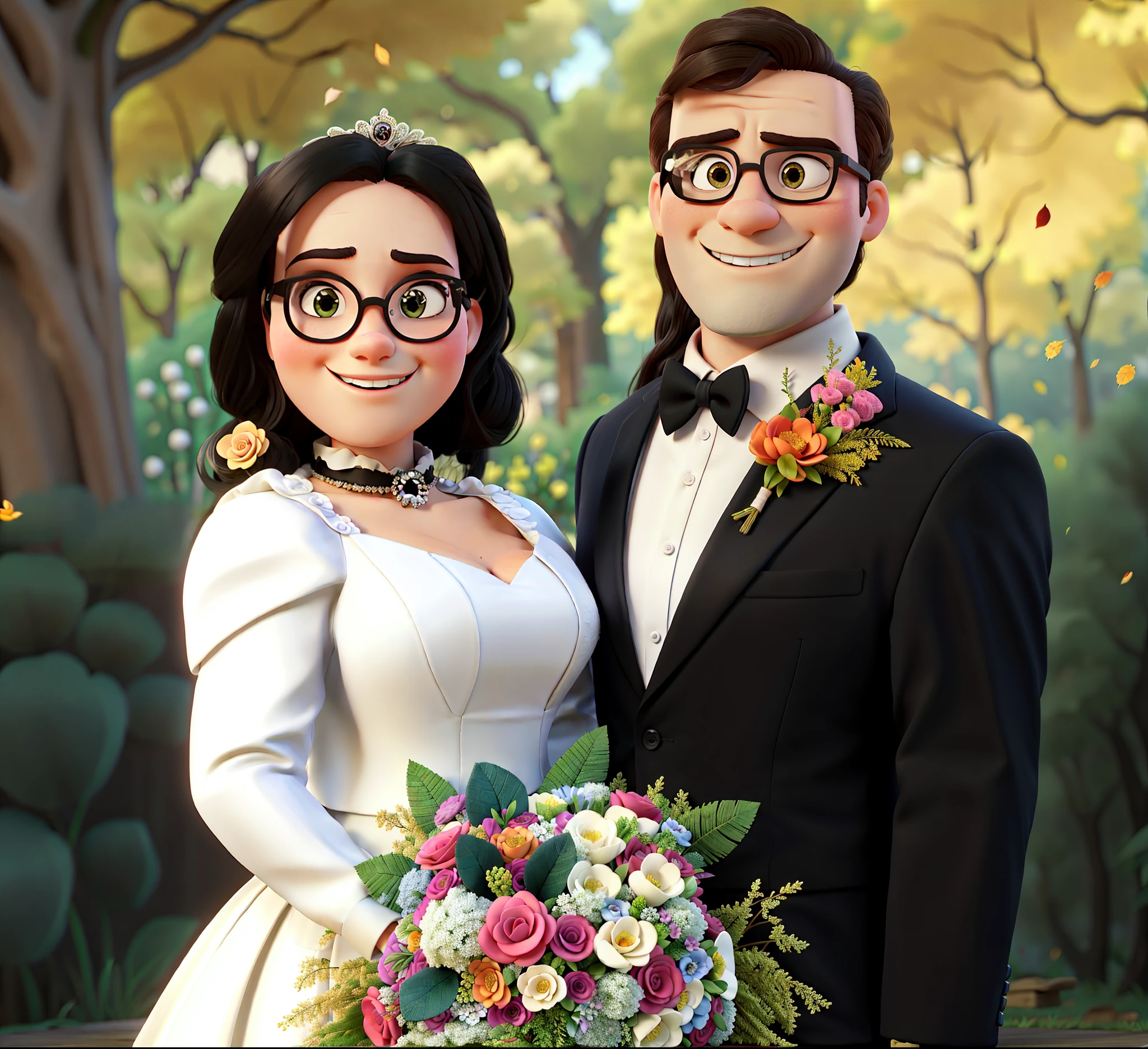 cartoon, disney Pixar, maintain faces, HD , 4k , magic , love , fall season colors, standing in front of beautiful forest , bride is slightly chunky, bride wearing long sleeve wedding dress , bride has extra long black hair, bride has nothing in hair , bride wearing round pink glasses , bride holding flower bouquet , groom is slightly chunky, groom has light brown hair, groom wearing browline glasses , groom wearing black tuxedo with bow tie