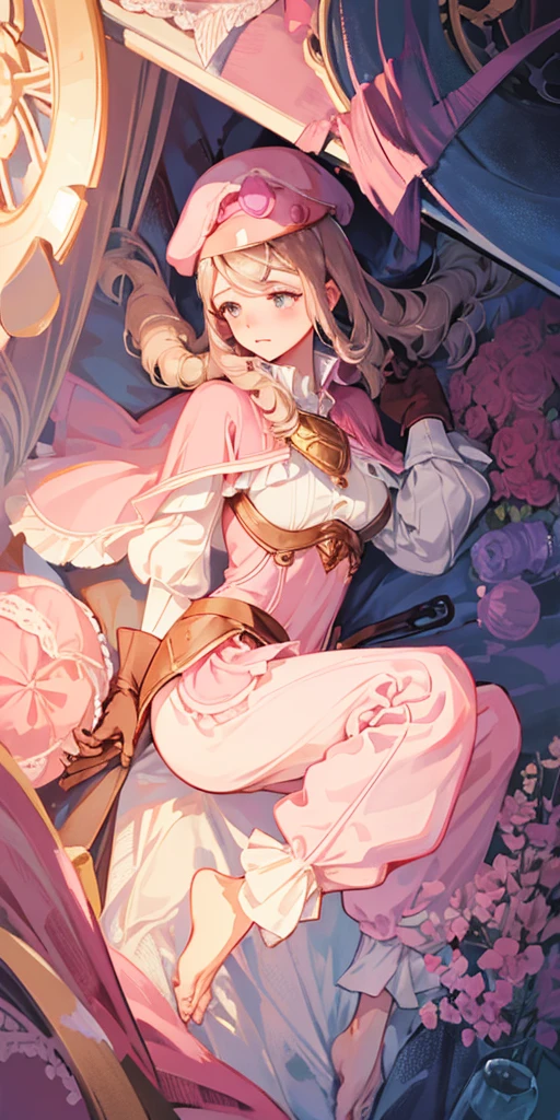 masterpiece, best quality, full body, barefoot, solo, female, big breast, feforrest, beret, pink capelet, pink tunic, white pants, brown gloves, upper body, looking at viewer, shy, from above, mansion, room, finely decorated room, pink theme