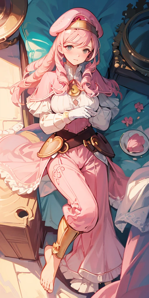 masterpiece, best quality, full body, barefoot, solo, female, big breast, feforrest, beret, pink capelet, pink tunic, white pants, brown gloves, upper body, looking at viewer, shy, from above, mansion, room, finely decorated room, pink theme