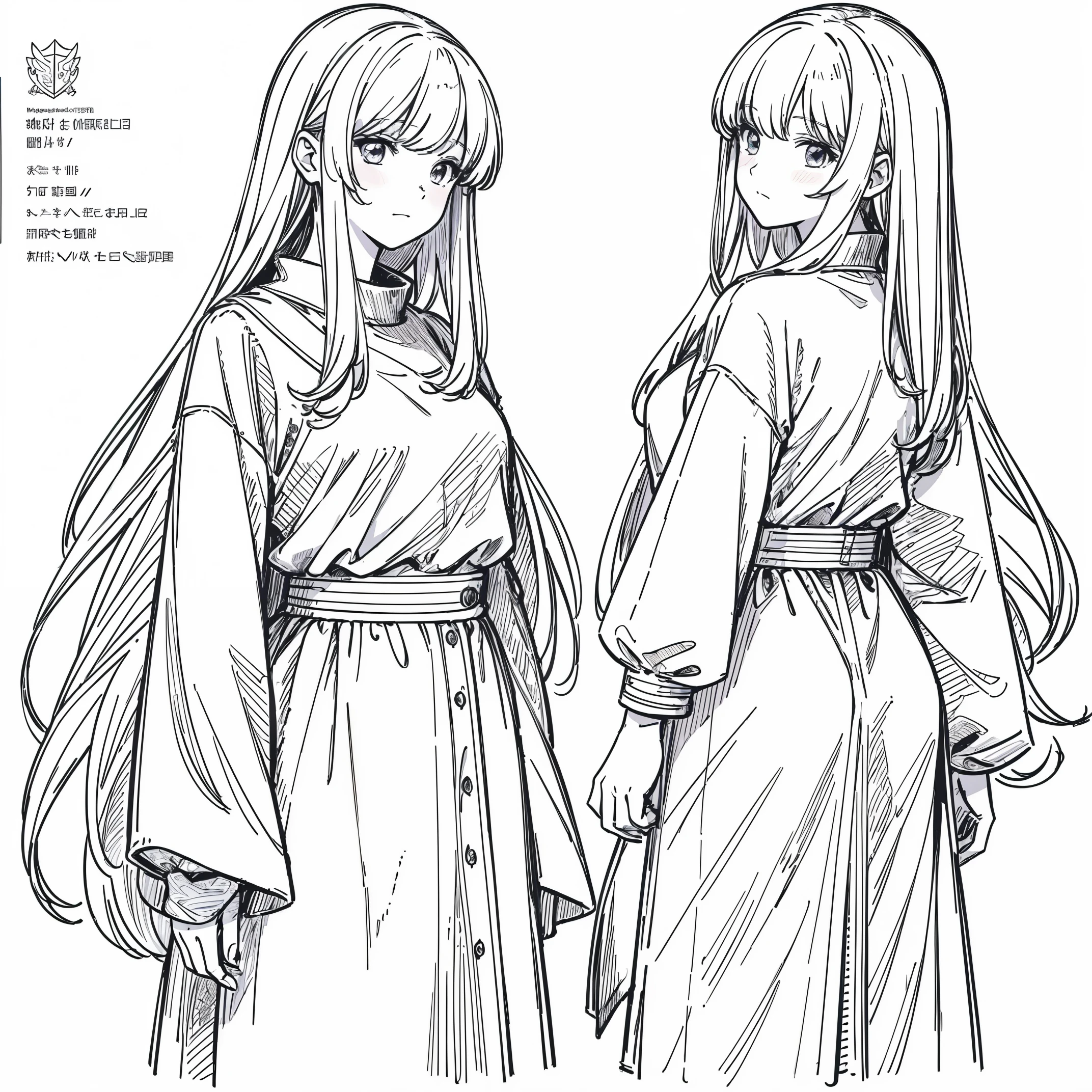 ((masterpiece)),(((best quality))),((((coloring)))),((full colour)),(character design sheet), same character, front, side, back), illustration, (2 girl), hair color, bangs, hairstyle fax, (veteran style), (simple background, white background: 1.3), --6