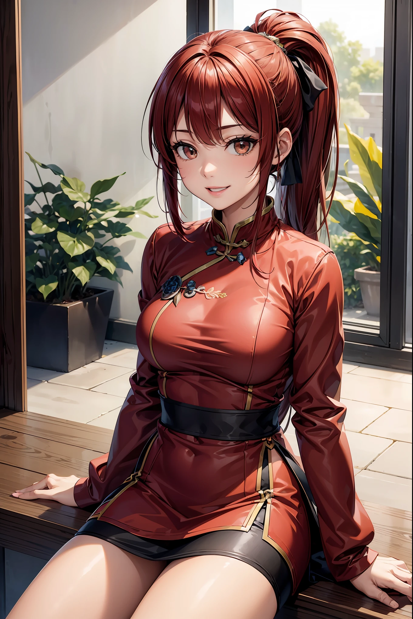 Beautiful face、Red hair、((side poneyTail、Brown eyes、Hanging:1.2))、shiny and smooth hair, Smiling smile, a 18 year old girl、extremely detailed CG unified 8k wallpaper, Highly detailed、sexy chinese dress、