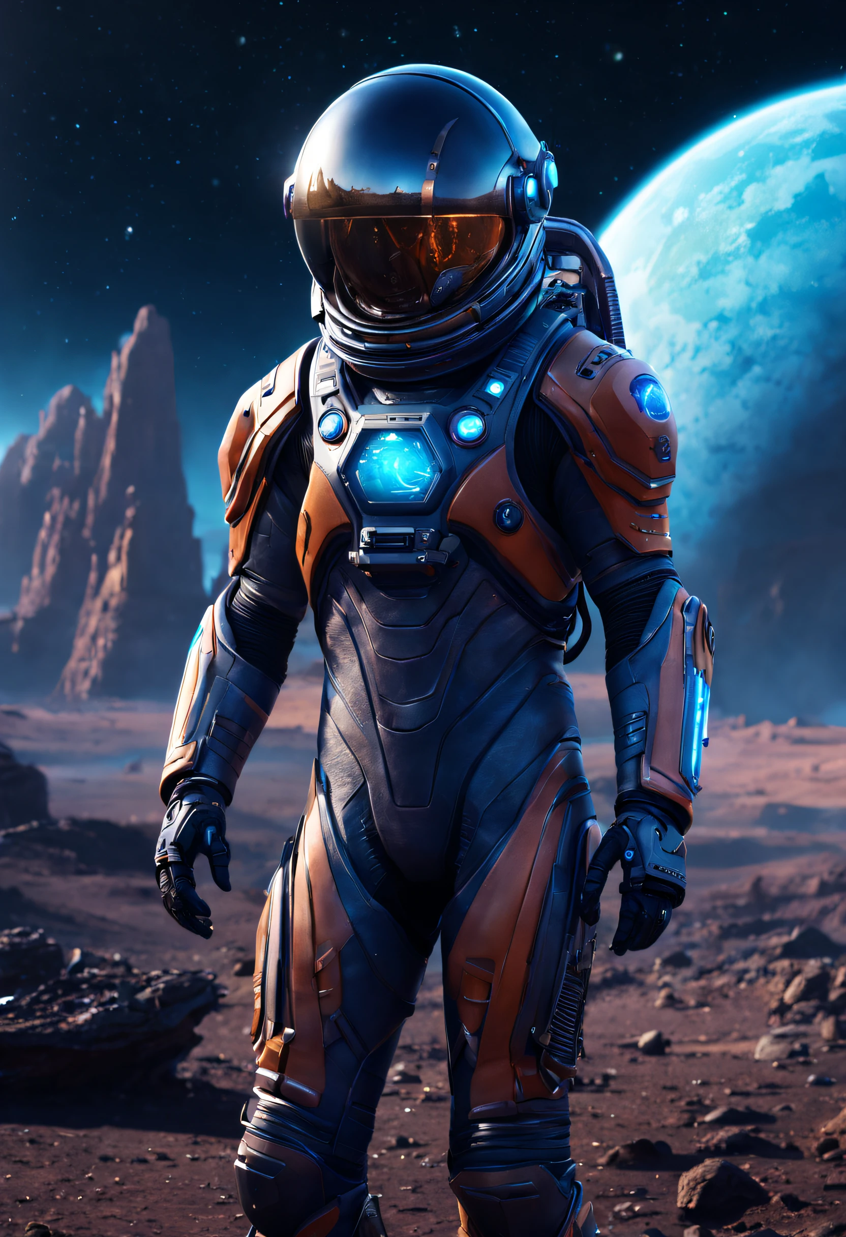 sci-fi space explorer :: sleek spacesuit, holographic interface, alien planet landscape :: lunar dawn :: Epic cinematic brilliant stunning intricate detailed matte painting, deep color, fantastical, intricate detail, splash screen, complementary colors, fantasy concept art, 8k resolution trending on Artstation Unreal Engine 5
