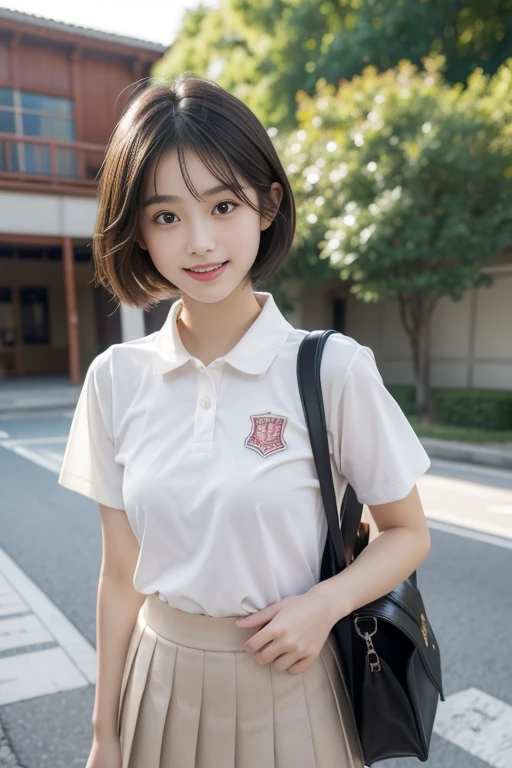 (((masterpiece))), (One beautiful Japan girl, Pure and innocent,kawaii) ,超A high resolution, Realistic, ultra-detailliert, 8K,top-quality, Extremely detailed, A slender,very beautiful japanese girl, Detailed face:1.3), (Boyish short-haired,A dark-haired :1.4), (a baby face,kawaii系,adorable 14 year old girls), (Perfect body:1.1), (short-sleeved shirt with white collar, Light brown pleated miniskirt),Please show me your beautiful teeth,Bursting smile, no-makeup,rosy cheeks,Super Detailed Face、Detailed lips、A detailed eye、small gravure idol,Transparent skin,Lori,Japanese high school uniform with the school emblem on the chest,holding a student bag outdoors