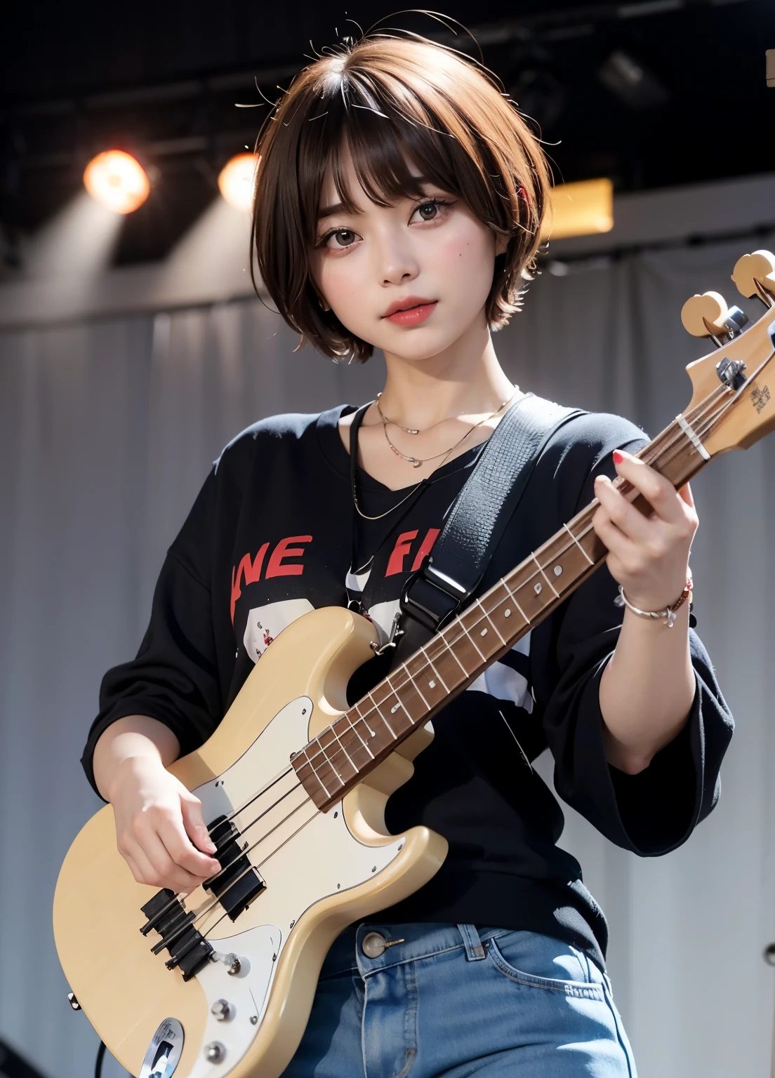 ((top-quality))、(masterpiece:1.4)、Raw photography、8K、((Top image quality))、 ((hight resolution))、Beautiful face in every detail、realisiticな人の肌、Gentle expression、(One lady:1.3 )、realisitic、(rather short hair:1.4)、(Beautuful Women)、(cute Japanese girls:1.3)、(boyish:1.3)、((mannish))、((Pretty Woman))、(Beautiful hair)、((dark brown hair))、With bangs、(((Red cheeks)))、(Her eyes are big:1.3)、20-year-old beauty、(her face is small:1.3 )、small head、(long neck:1.3)、a necklace、((music festival))、(Hoodie)、((On stage))、(play bass guitar:1.3)、((Happy look))、singers、Everyone admires her、rock band、(young woman admires her)、(popular person)、(Dynamism:1.3)、(Oversized clothes)、Band Group Vocals、