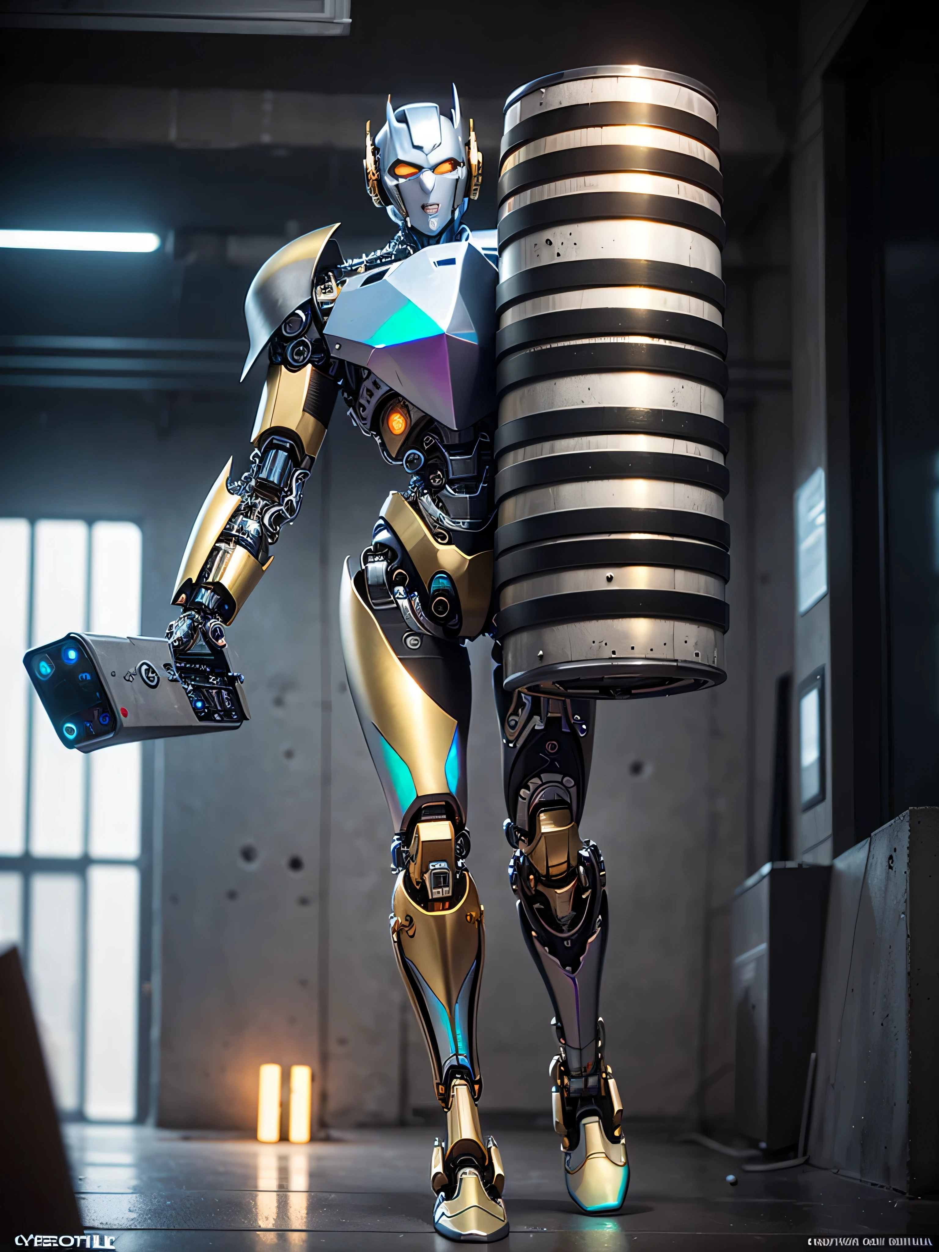 ((best quality: 1.5)) ((masterpiece: 0.8)), intricate details, sharp focus, professional, photorealistic, real life, ((((gigantic mecha titan, (cylinder arm weapon))))) bright glow, in the style of realistic and hyper detailed renderings, zbrush, hyper realistic oil, contoured shading, solo, BREAK; BREAK ((((forgotten war city, concrete crater)))), ((fujicolor)), BREAK; BREAK ((((futuristic (matte black iridescent gold armor, ((cybernetic leg)))), photorealistic, hyper-realistic)))