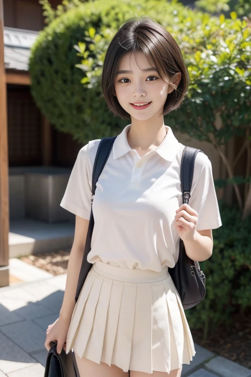 (((masterpiece))), (One beautiful Japan girl, Pure and innocent,kawaii) ,超A high resolution, Realistic, ultra-detailliert, 8K,top-quality, Extremely detailed, A slender,very beautiful japanese girl, Detailed face:1.3), (Boyish short-haired,A dark-haired :1.4), (a ,kawaii系,adorable 14 year o(Perfect body:1.1), (short-sleeved shirt with white collar, Light brown pleated miniskirt),Please show me your beautiful teeth,Bursting smile, no-makeup,rosy cheeks,Super Detailed Face、Detailed lips、A detailed eye、small gravure idol,Transparent skin,Lori,Japanese high school uniform with the school emblem on the chest,Outdoors,Carrying a backpack