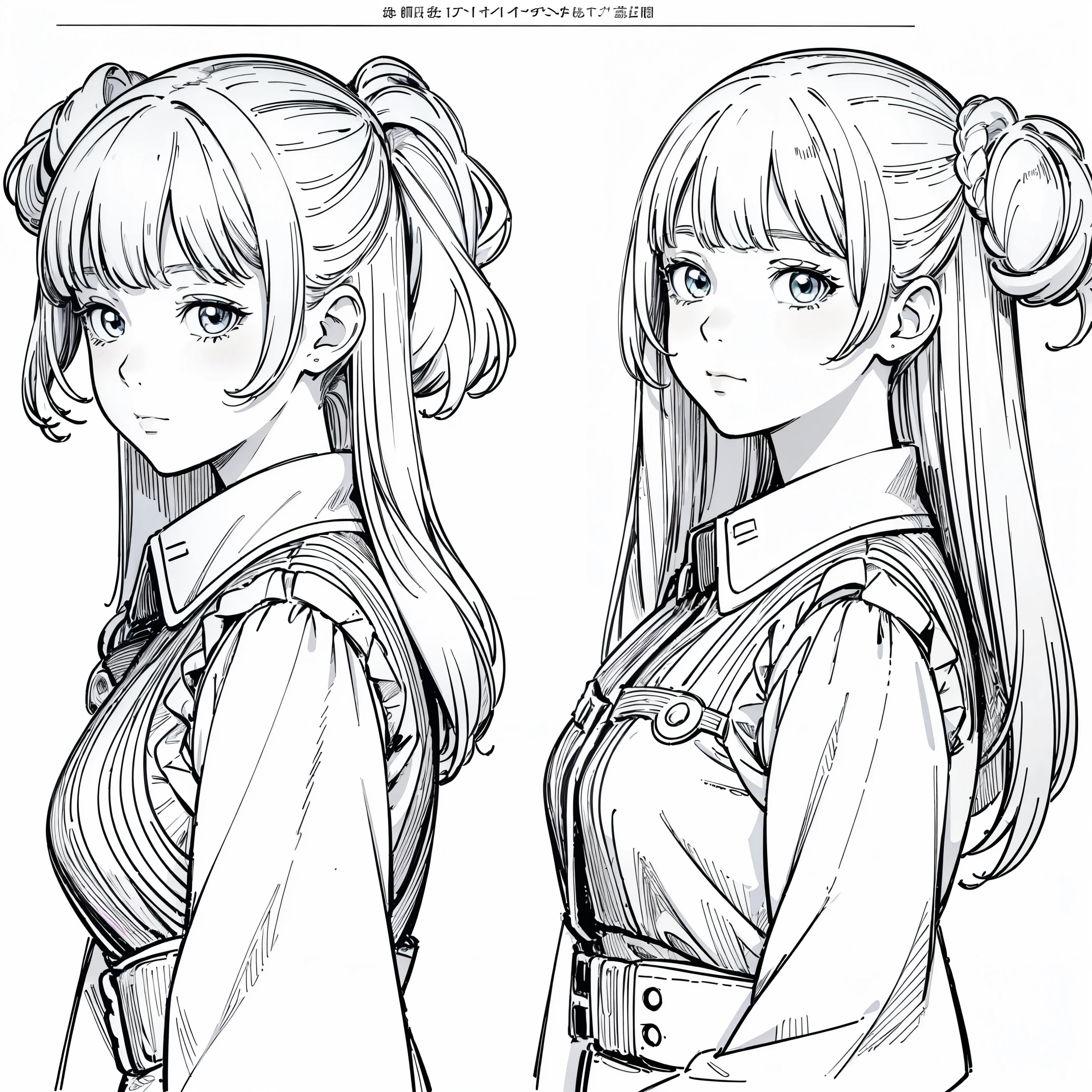 ((masterpiece)),(((best quality))),((((coloring)))),((full colour)),(character design sheet), same character, front, side, back), illustration, (2 girl), hair color, bangs, hairstyle fax, (veteran style), (simple background, white background: 1.3), --6