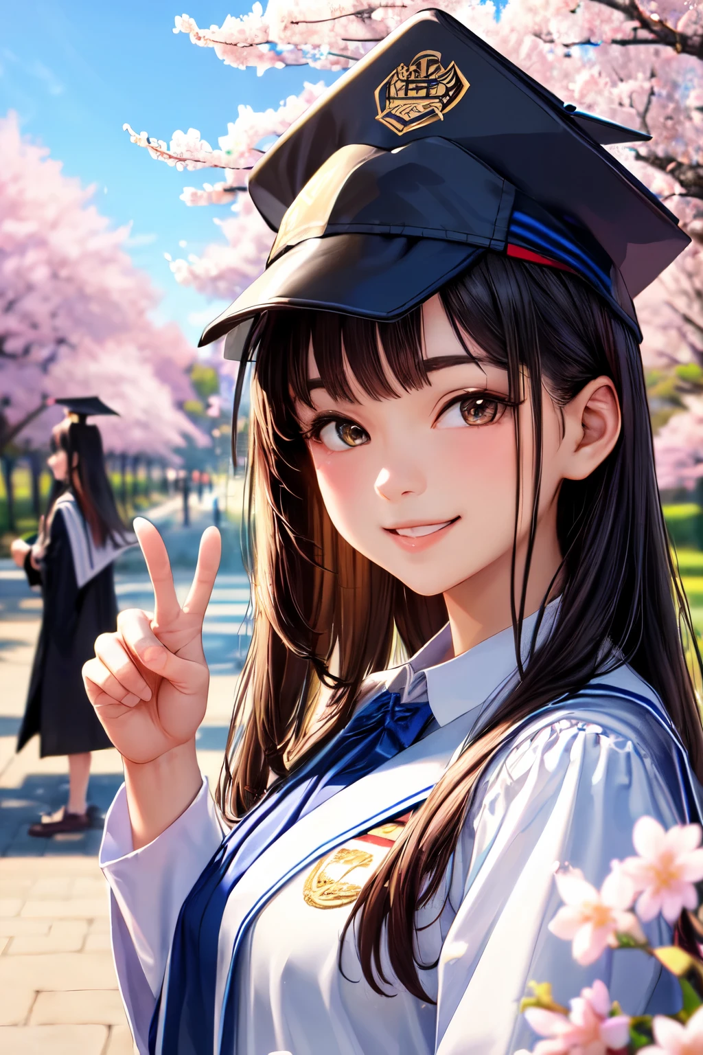 ((masterpiece)), (academic gown, academic robe, mortarboard, square cap, university campus, buildings, cherry blossoms, smiling, cute pose, 2girls, detailed cool uniform, look at viewer,), (SIGMA 85mm f1.4), depth of field, bokeh, detailed photorealistic background, diffused natural sunlight, diffused natural skin glow,