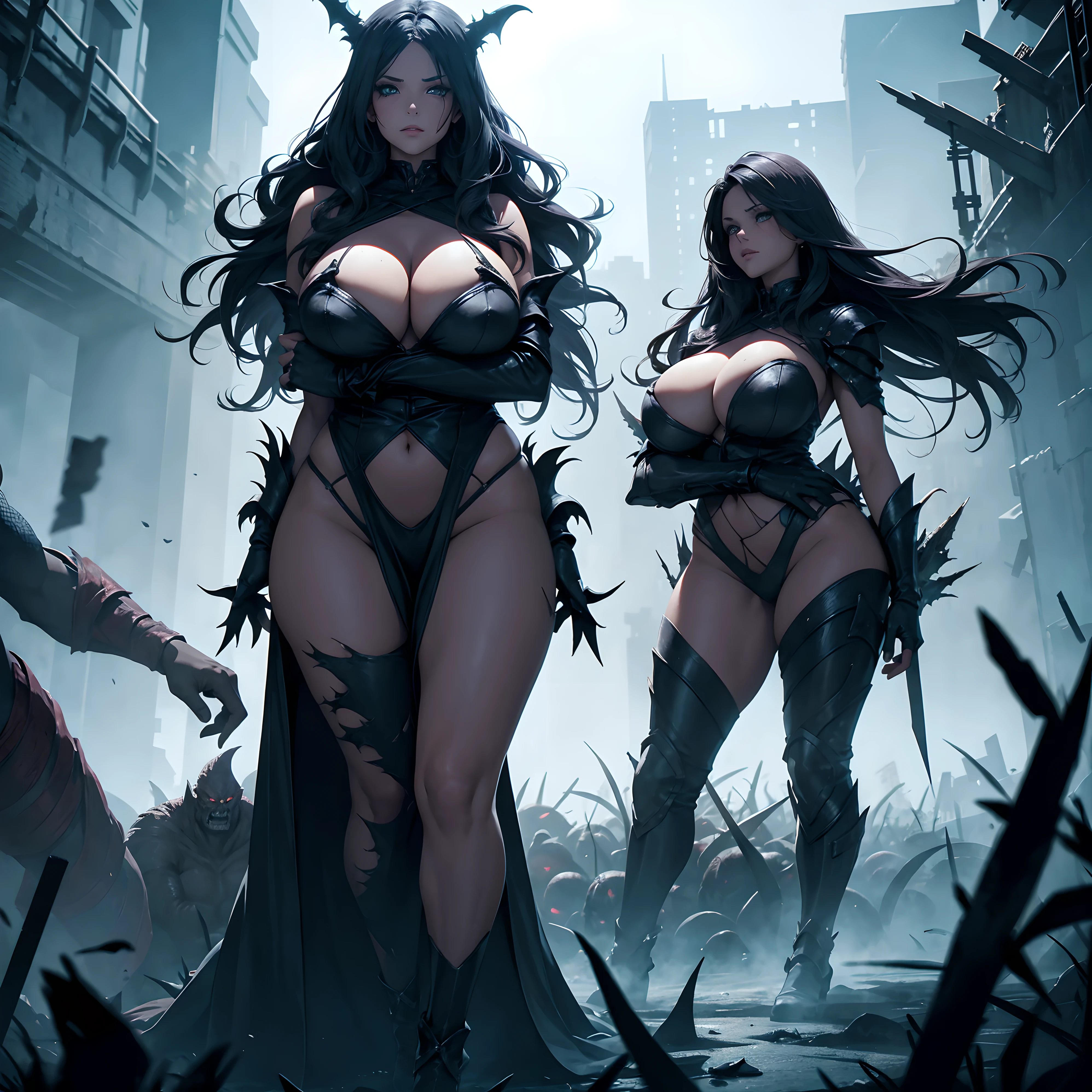 Fantasy, night, dystopy, a woman with a curvy body and a monster, standing in a horde of evil monsters, the monster hugs the woman from behind, her clothes are ripped apart, nsfw, the woman is scared, Cinematic Lighting, indirect lighting, fog, depth of field, Cinematic scene