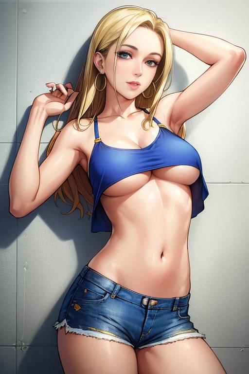 neocoill,  masterpiece, best quality, 1girl, solo, breasts, underboob, shorts, denim, earrings, blonde hair, jewelry, denim shorts, midriff, realistic, long hair, crop top, medium breasts, hoop earrings, short shorts, navel, lips, blue shorts