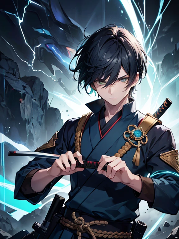 (best quality,4k,8k,highres,masterpiece:1.2),ultra-detailed,(realistic,photorealistic,photo-realistic:1.37),A handsome age boy with black hair and electric light blue shades,yellow eyes, he has an asymmetrical haircut, with slightly longer, tapered strands on the right side, framing his face vibrantly, he wears a blue haori with lightning pattern, a brown uniform at the bottom of the Haori and has a Katana with a sea green blade and a black base, the katana is stored in a sheath.