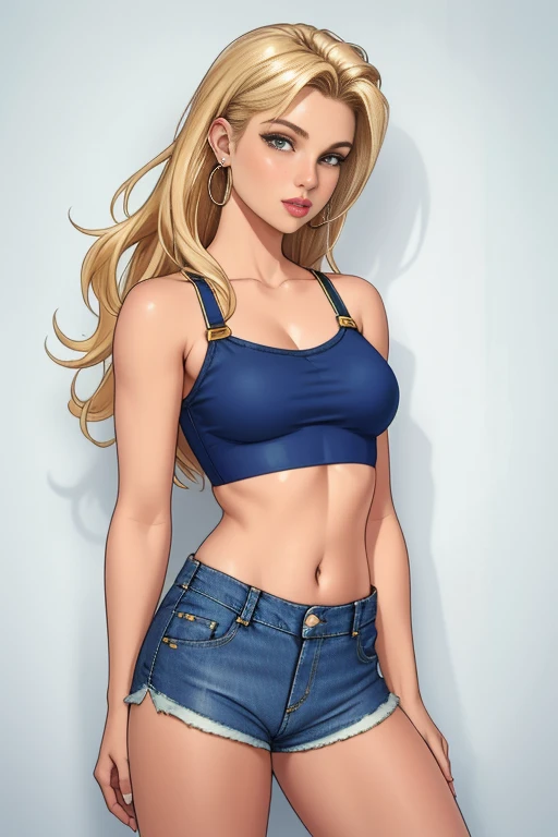 neocoill, masterpiece, best quality, 1girl, solo, breasts, underboob, shorts, denim, earrings, blonde hair, jewelry, denim shorts, midriff, realistic, long hair, crop top, medium breasts, hoop earrings, short shorts, navel, lips, blue shorts