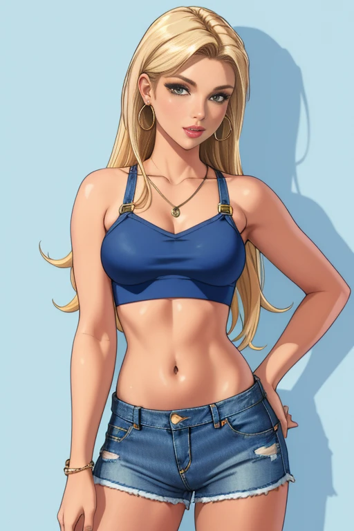 neocoill,  masterpiece, best quality, 1girl, solo, breasts, underboob, shorts, denim, earrings, blonde hair, jewelry, denim shorts, midriff, realistic, long hair, crop top, medium breasts, hoop earrings, short shorts, navel, lips, blue shorts