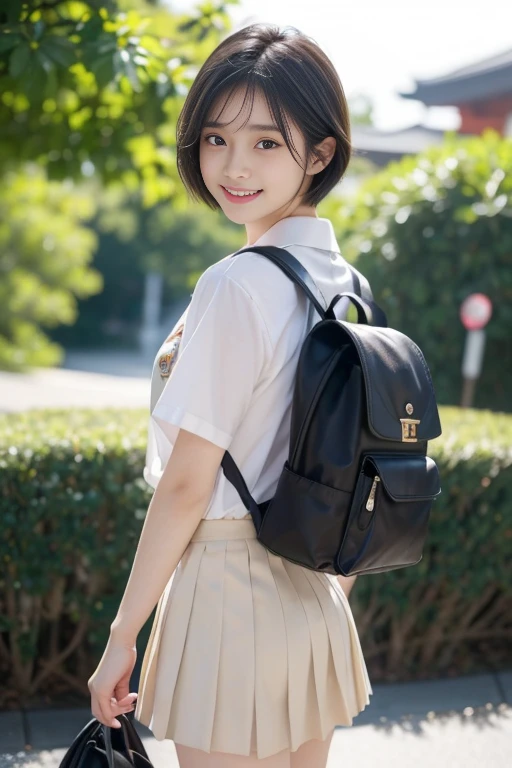 (((​masterpiece))),  (One beautiful Japan girl, Pure and innocent，kawaii) ，超A high resolution, Realistic, ultra-detailliert, 8K,top-quality, Extremely detailed, A slender,very beautiful japanese girl, Detailed face:1.3), (Boyish short-haired，A dark-haired :1.4), (a ，kawaii系,adorable 14 year o(Perfect body:1.1), (short-sleeved shirt with white collar, Light brown pleated miniskirt)，Please show me your beautiful teeth，Bursting smile, Super Detailed Face、Detailed lips、A detailed eye、small gravure idol，Transparent skin，Lori，Japanese high school uniform with the school emblem on the chest，Outdoors，Carrying a backpack