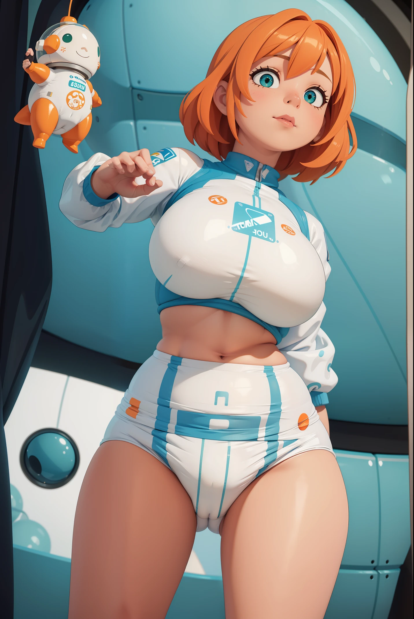 gorgeus voluptuous space scify astronaut girl with a bubble glass helmet in the head, wearing a big diaper, diapered, white and orange, deep green almond-shaped eyes, short blond hair, very small and tight micro bikini, perfect huge breasts, voluptuous wide hips, muscular thighs, muscular arms, sexy voluptuous belly, massive huge cameltoe, space, spaceship, UHD, retina, masterpiece, anatomically correct, textured skin, high details, award winning, best quality, 8k, (inflatables)