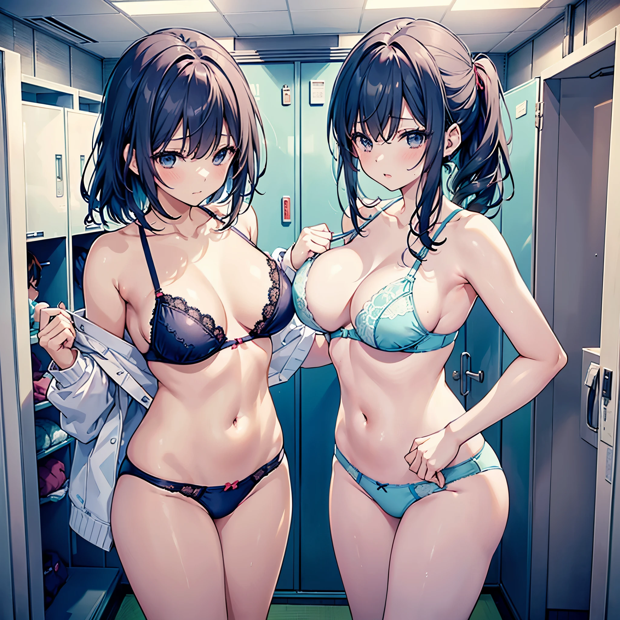 This is the changing room of a Japanese pool.、A woman in underwear changing clothes in the locker room、She is wearing light blue underwear、Sexy underwear、R-18 、erotic manga、erotic illustration、adult doujinshi、They have pubic hair growing on their thighs.、A woman with a good amount of flesh
