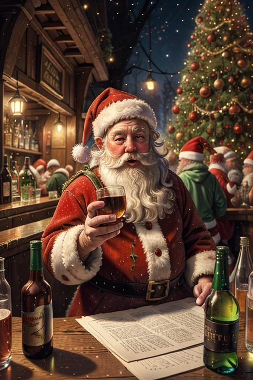 drunk, jolly santa,elves, christmas tree, crowded bottles bar, disturbing, creepy, gloomy, rotten, by wayne barlowe,Realistic, realism, hd, 35mm photograph, 8k, RAW photo, full sharp, (FullHD epic wallpaper) 8k uhd, dslr, soft lighting, high quality, film grain, Fujifilm XT3