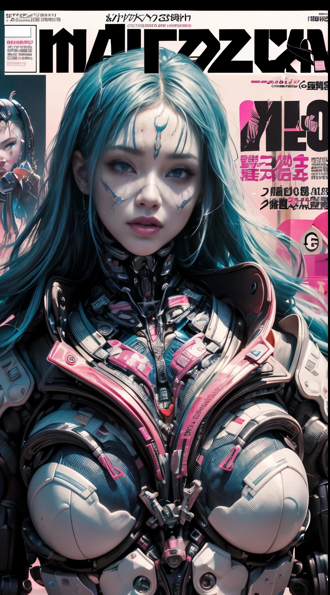 Flowing_contour biomechanical__cybernetic_airbrush___Strange__(((Japanese Harajuku style Fashion_((colorful Magazine_cover))__art_decor_Border)))__porcelain_and_Platinum / Futuristic Cyberpunk woman with porcelain skin, cybernetic implants.