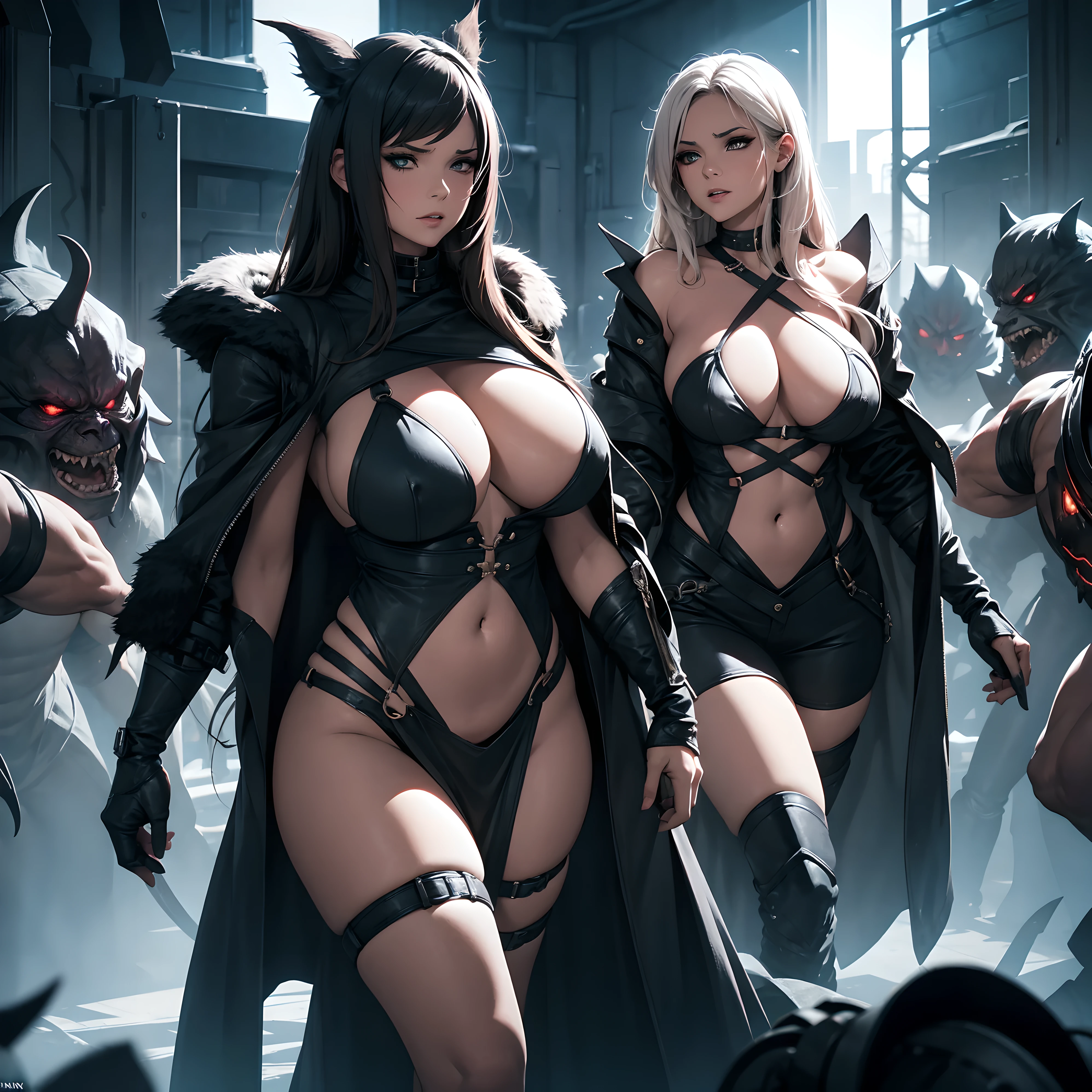 Fantasy, night, dystopy, a woman with a curvy body and a monster, standing in a horde of evil monsters, the monster grabs the woman's hips from behind, her clothes are ripped apart, nsfw, the woman is scared, Cinematic Lighting, indirect lighting, fog, depth of field, Cinematic scene