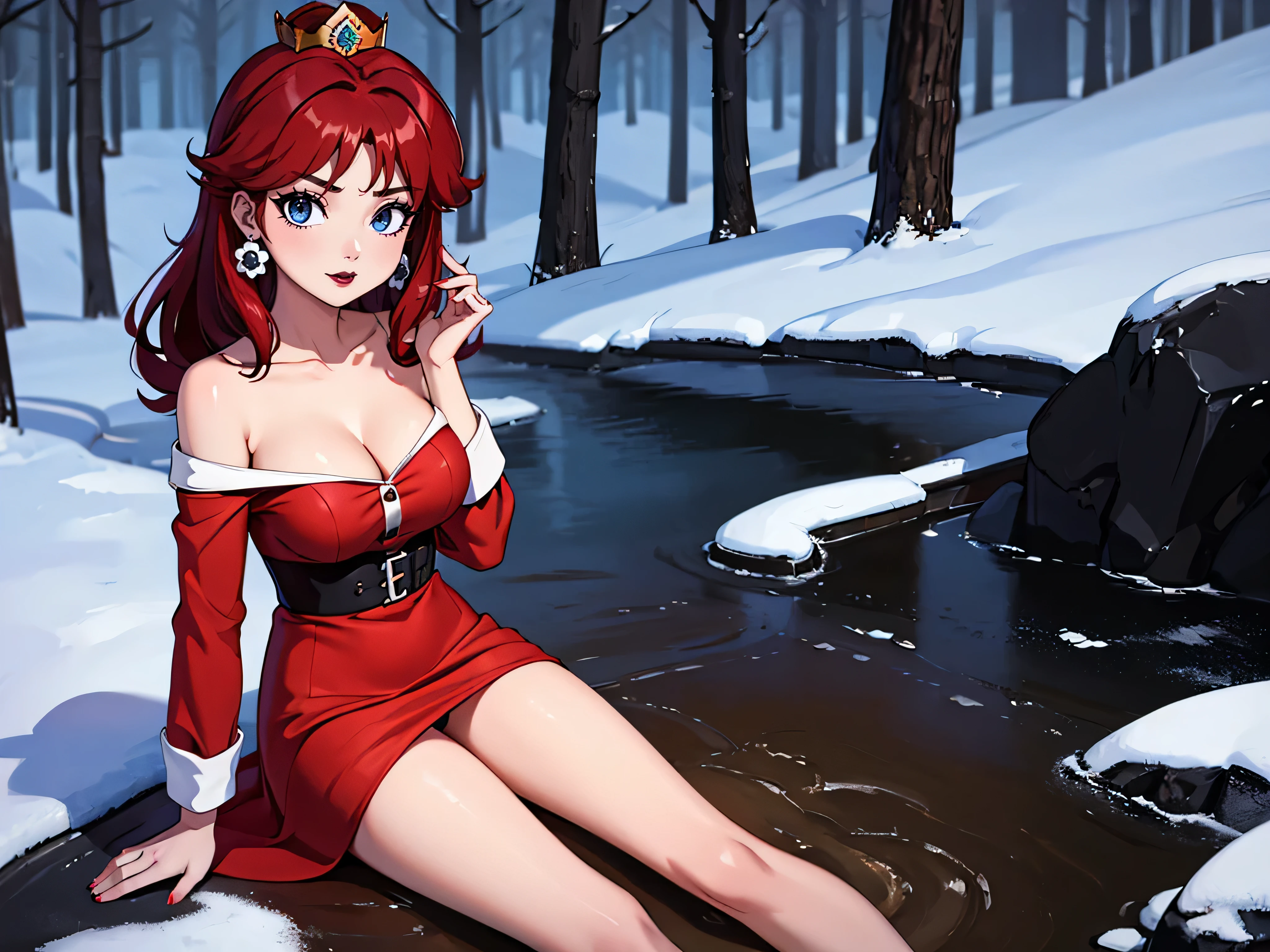 ((high detailed, best quality, 4k, masterpiece, hd:1.3)), ((best quality)), (((HD))), (((8k))), (ultraDH), (ultra HD), Snowy Forest background, snowflake pattern, frozen forest, a full-length shot of Princess Daisy lying on the snow on the floor, in the winter mountain, neon blue eyes, BREAK blue eyes, seductive, attractive, shy_smile, smooth anime cg art, 36C_breasts, cleavage, long legs, vivid colors, detailed digital art, slim body, perfect skin, dark red hair, long red hair, dark hair, red hair, wet hair, wet red hair, wet_dark_red_hair, BREAK crown, looking at viewer, BREAK looking at viewer, extremely detailed face, using only a red_dress, red dress, mini red dress, sexy_mini_red_thong, sexy_mini_red_gstring_thong, earrings, gem, (red high heels), dark black makeup lips, dark gothic eyeshadows, dark eyeshadows, black eyeshadows, black sexy lips, black lips, (dark:1.2), dark lips, very dark lips, (perfect_hands), (perfect_anatomy), black makeup, black medium lips, detailed_fingers, five_fingers_per_hand, 5_fingers, five_fingers, (1 girl), ((1 solo girl)), detailed_lips, detailed black lips, black painted lips, gothic painted lips, (off shoulder:1.1),
