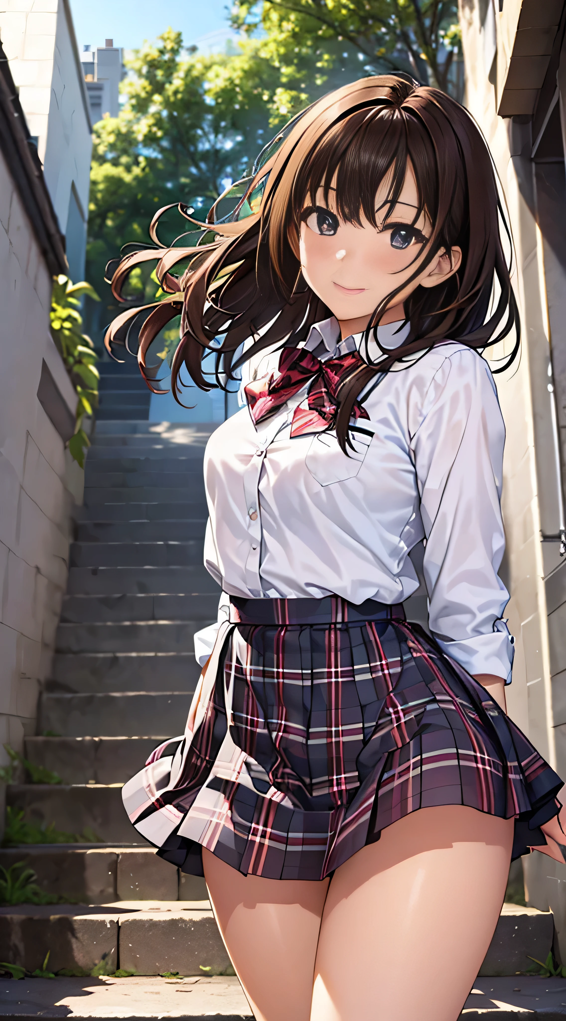((masutepiece, Best Quality, hight resolution, nffsw, Perfect Pixel, 4K, nffsw, nffsw))), 1girl in, Single, Solo, Beautie、full body seen、 ((Middle Wave Hair, Bangs, Brown hair)), ((Brown-eyed, Beautiful eyelashes, Realistic eyes)), ((Detailed face, Blushing:1.2)), ((Smooth texture:0.75, Realistic texture:0.65, Photorealistic:1.1, Anime CG style)), medium breasts, Dynamic Angle, Perfect body, ((red bowtie, School uniform, , White shirt, Black skirt, plaid skirts)), City staircase、Looking up from the bottom of the stairs、Very embarrassing panic smile、Open your mouth and make a surprised face、 turned around、bending forward、(The wind flipped my skirt and exposed my butt...........................、stick out your butt、Touching the buttocks with both hands、Pink lace panties)、