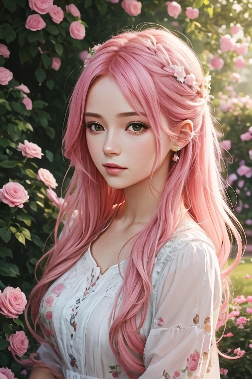 Una chica con el pelo rosado,Ultra detallado,realista:1.37,vivid colors,Retratos,soft warm lighting,Quiet garden,Entorno floral,gentle breeze,pinceladas finas,dreamy atmosphere