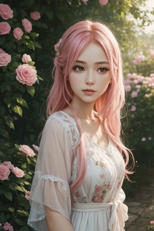 Una chica con el pelo rosado,Ultra detallado,realista:1.37,vivid colors,Retratos,soft warm lighting,Quiet garden,Entorno floral,gentle breeze,pinceladas finas,dreamy atmosphere