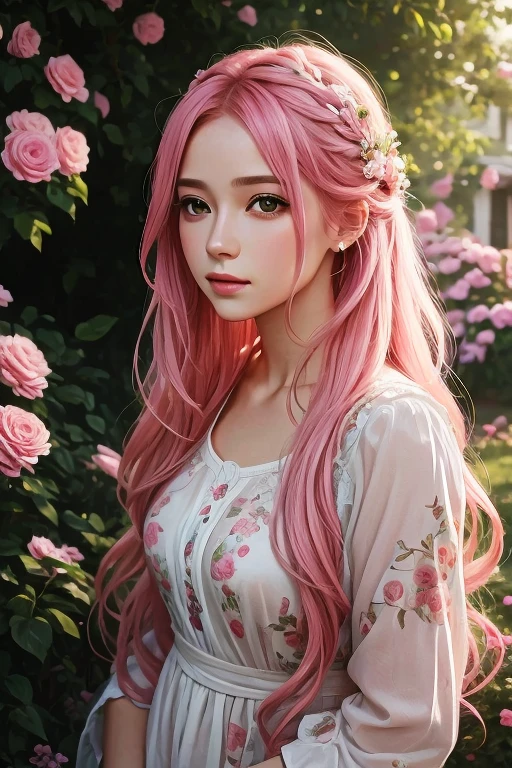 Una chica con el pelo rosado,Ultra detallado,realista:1.37,vivid colors,Retratos,soft warm lighting,Quiet garden,Entorno floral,gentle breeze,pinceladas finas,dreamy atmosphere