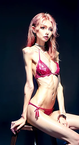 Photograph of an anorexic emaciated extremely skinny American female model, she is tall, show entire body of model from toes to head, she has a big smile, teeth are showing, she is sitting on a stool, she is covered in shiny glistening sweat, she is looking at the camera, her legs are spread apart, she is wearing a heavy 3 inch chain around her neck with a large heart shaped pendant, show breasts, show legs, small sized breasts, lace underwear, she is not wearing a top or bra, she has a colored ribbon in her hair, she has long pink hair, she has large shiny hoop earings, she has bright red lipstick, incredibly skinny body, extremely skinny body, emaciated body, tiniest waist ever, well-defined collar bones, well-defined hip bones, well-defined ribcage, extremely skinny arms and legs, weak and fragile body, masterpiece, anatomically correct, textured skin, super detail, high details, high quality, best quality.