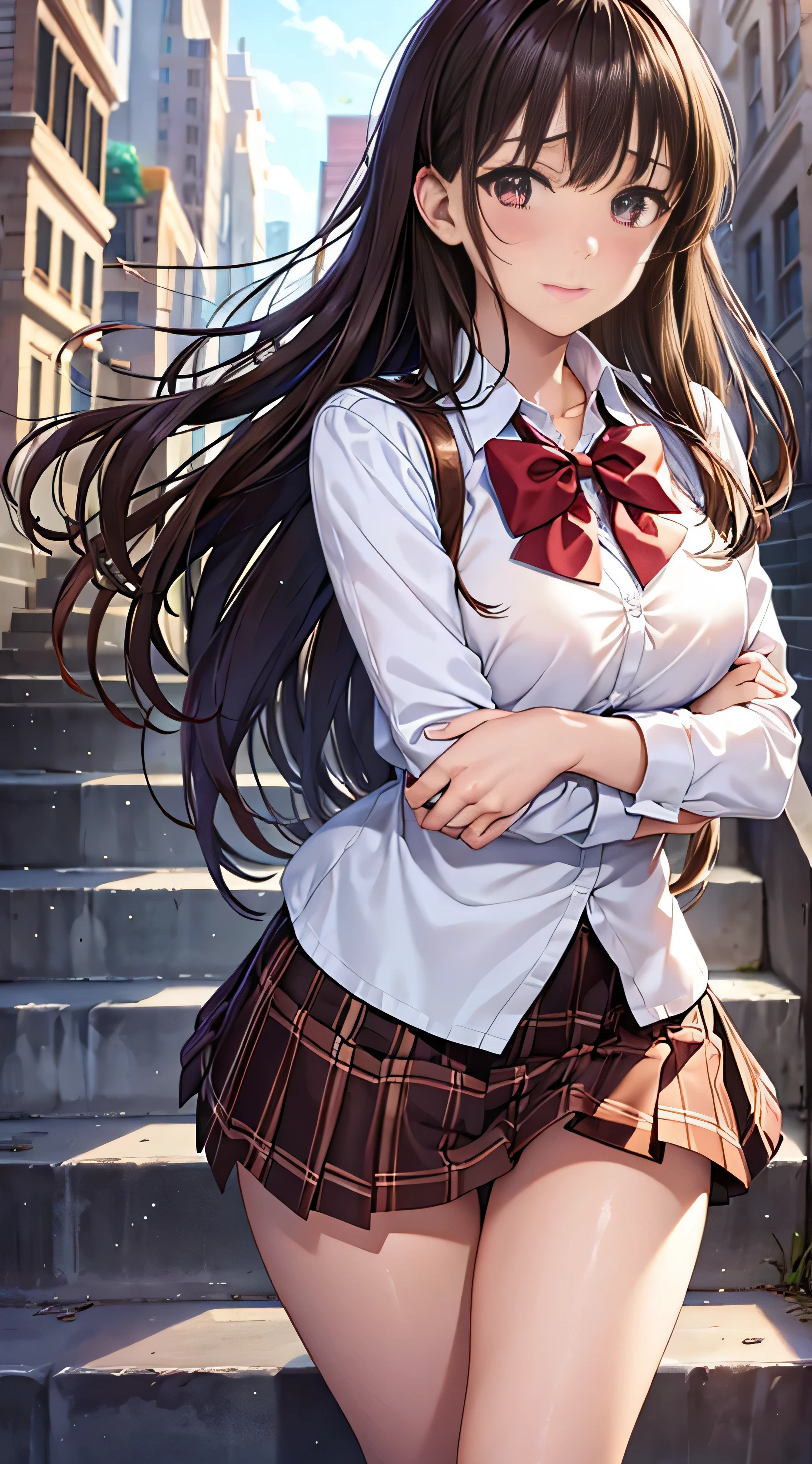 ((masutepiece, Best Quality, hight resolution, nffsw, Perfect Pixel,  4K, nffsw, nffsw))), 1girl in, Single, Solo, Beautie、full body seen、 ((Middle Wave Hair, Bangs, Brown hair)), ((Brown-eyed, Beautiful eyelashes, Realistic eyes)), ((Detailed face, Blushing:1.2)), ((Smooth texture:0.75, Realistic texture:0.65, Photorealistic:1.1, Anime CG style)), medium breasts, Dynamic Angle, Perfect body,  ((red bowtie, School uniform, , White shirt, Black skirt, plaid skirts)), City staircase、Looking up from the bottom of the stairs、Very embarrassing panic smile、Open your mouth and make a surprised face、 turned around、bending forward、(The wind flipped my skirt and exposed my butt...........................、stick out your butt、Touching the buttocks with both hands、Pink lace panties)、