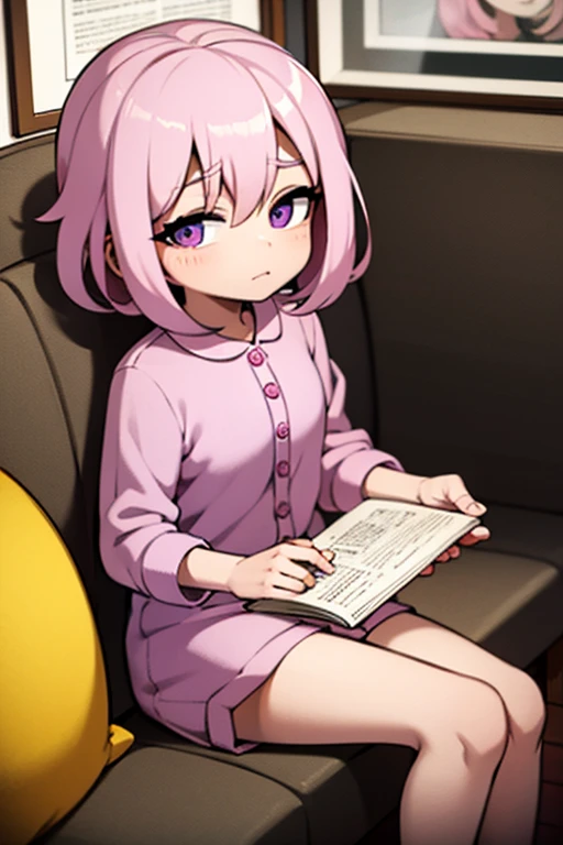 A pink haired girl with violet eyes is showing off a book in pajamas