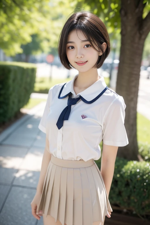 (((​masterpiece))),  (One beautiful Japan girl, Pure and innocent，kawaii) ，超A high resolution, Realistic, ultra-detailliert, 8K,top-quality, Extremely detailed, A slender,very beautiful japanese girl, Detailed face:1.3), (Boyish short-haired，A dark-haired :1.4), (a ，kawaii系,adorable 14 year o(Perfect body:1.1), (short-sleeved shirt with white collar, Light brown pleated miniskirt)，Please show me your beautiful teeth，Bursting smile, Super Detailed Face、Detailed lips、A detailed eye、small gravure idol，Transparent skin，Lori，Japanese high school uniform with the school emblem on the chest，Outdoors，carrying a brown backpack