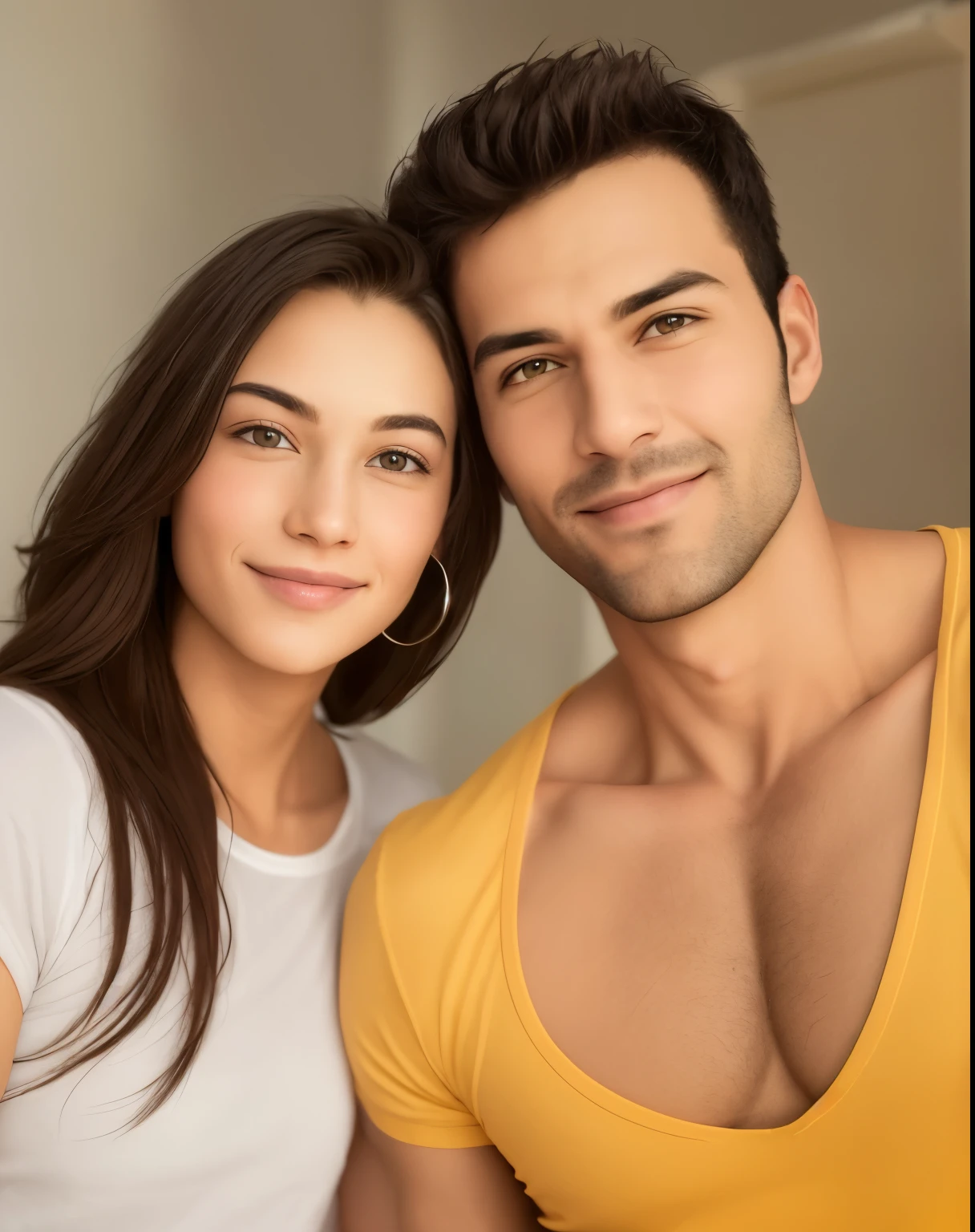 arafed man and woman posing for a picture in a bedroom, couple portrait, couples portrait, portrait of two people, smiling couple, strong facial features, strong masculine features, man and woman, handsome face and beautiful face, male and female, attractive male, masculine features, attractive man, attractive female, attractive facial features, couple, attractive woman, couple pose