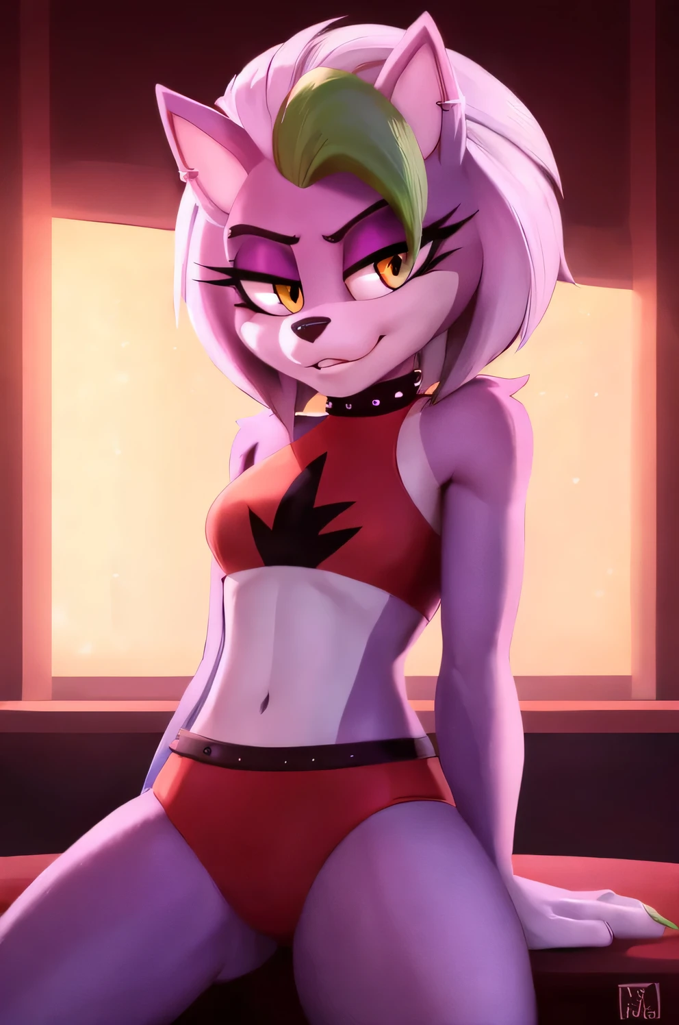 best quality, masterpiece, high resolution, roxanne fusion loona fusio amy rose, solo, furry female, body fur, makeup, sexy clothes:1.2, perfect anatomy, detailed limbs, detailed eyes, detailed lips, glowing skin, vibrant colors, dynamic lighting, realistic rendering, portrait.