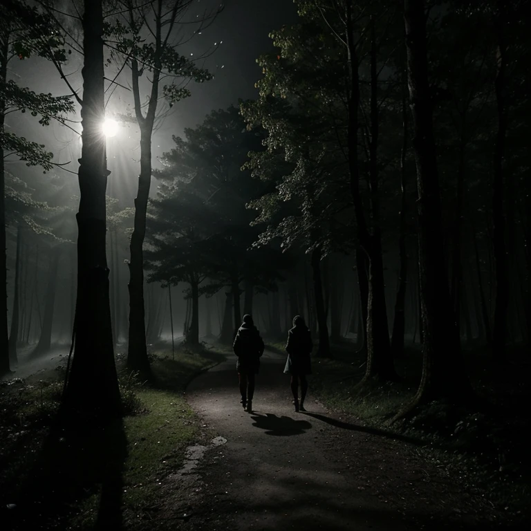 Describe a group of friends walking along an unknown path in the forest at night. Dense fog envelops the trees, obscuring visibility. The moon casts a faint light on the path, highlighting sinister silhouettes. Create a sense of isolation and intrigue as they venture into the unknown.