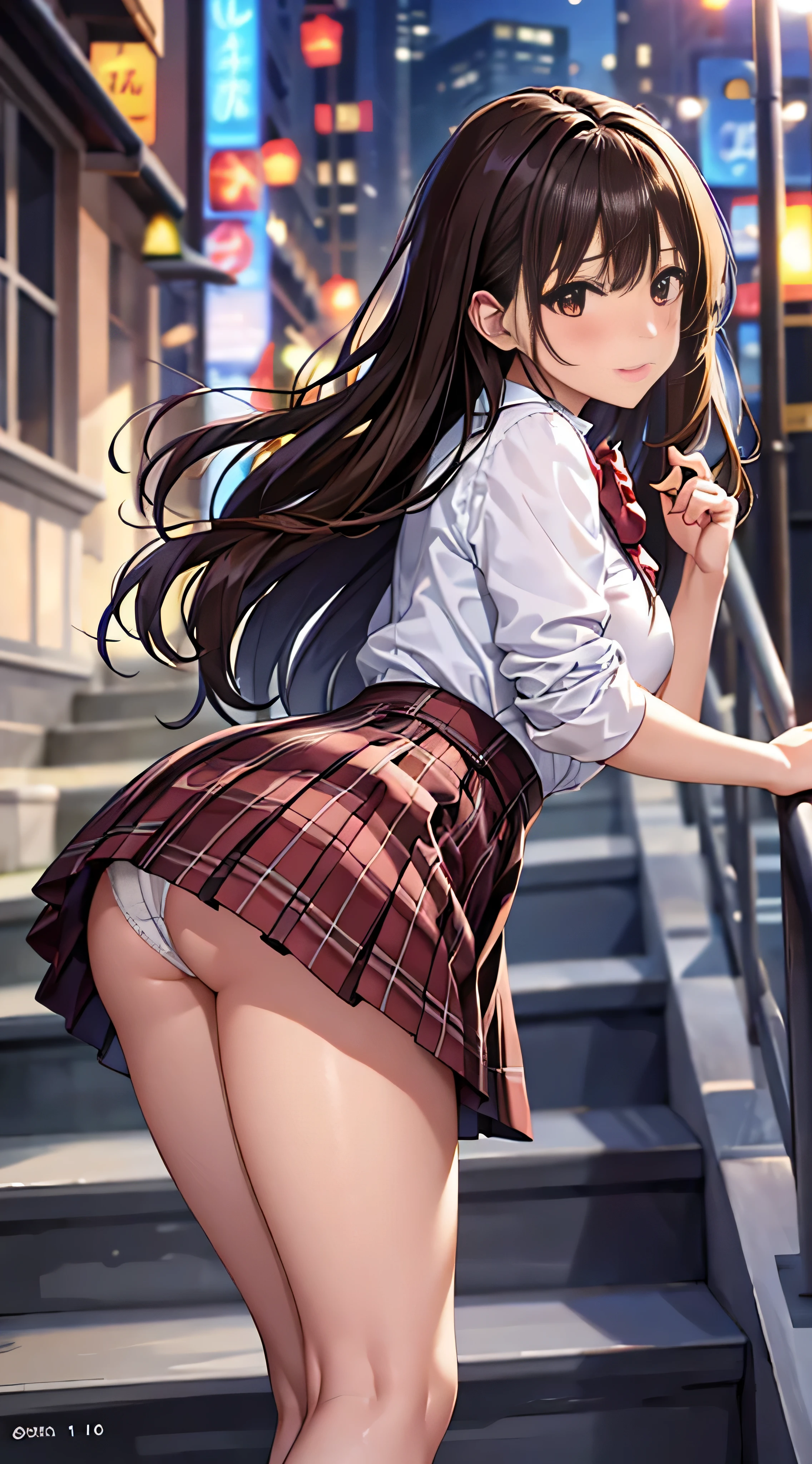 ((masutepiece, Best Quality, hight resolution, nffsw, Perfect Pixel,  4K, nffsw, nffsw))), 1girl in, Single, Solo, Beautie、full body seen、 ((Middle Wave Hair, Bangs, Brown hair)), ((Brown-eyed, Beautiful eyelashes, Realistic eyes)), ((Detailed face, Blushing:1.2)), ((Smooth texture:0.75, Realistic texture:0.65, Photorealistic:1.1, Anime CG style)), medium breasts, Dynamic Angle, Perfect body,  ((red bowtie, School uniform, , White shirt, Black skirt, plaid skirts)), City staircase、Looking up from the bottom of the stairs、Very embarrassing panic smile、Open your mouth and make a surprised face、 turned around、bending forward、(The wind flipped my skirt and exposed my butt.............................、stick out your butt、Touching the buttocks with both hands、White lace panties)、