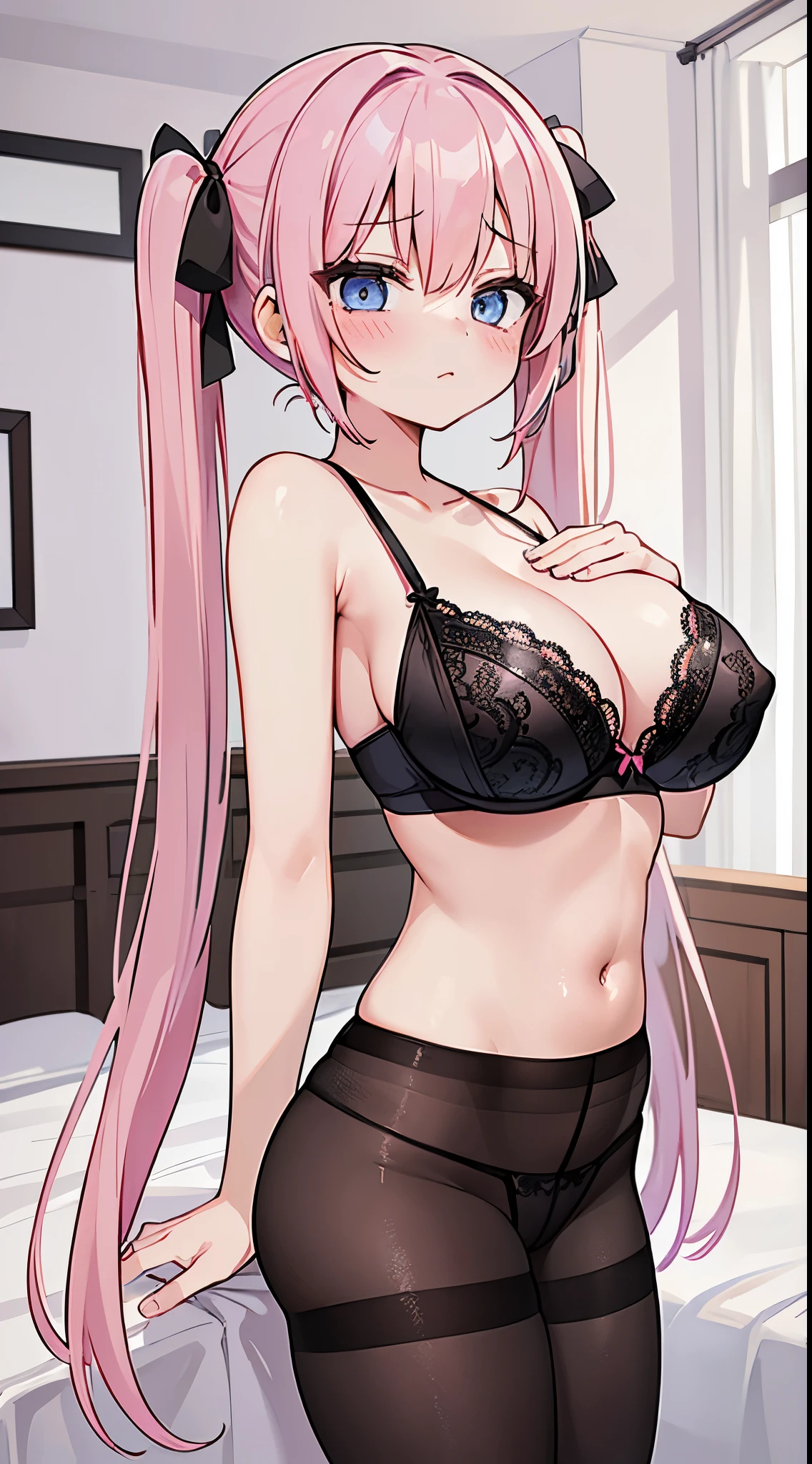 (​masterpiece、top-quality、ultra-detailliert)、((1 girl))、((Pink hair twin tails))、light blue  eyes、evilsmile、piercings、((very Bigger breasts))、(black lace bra)、(black lace panties)、((panties under pantyhose))、a navel、Big ass、is standing、cowboy  shot、bedroom background