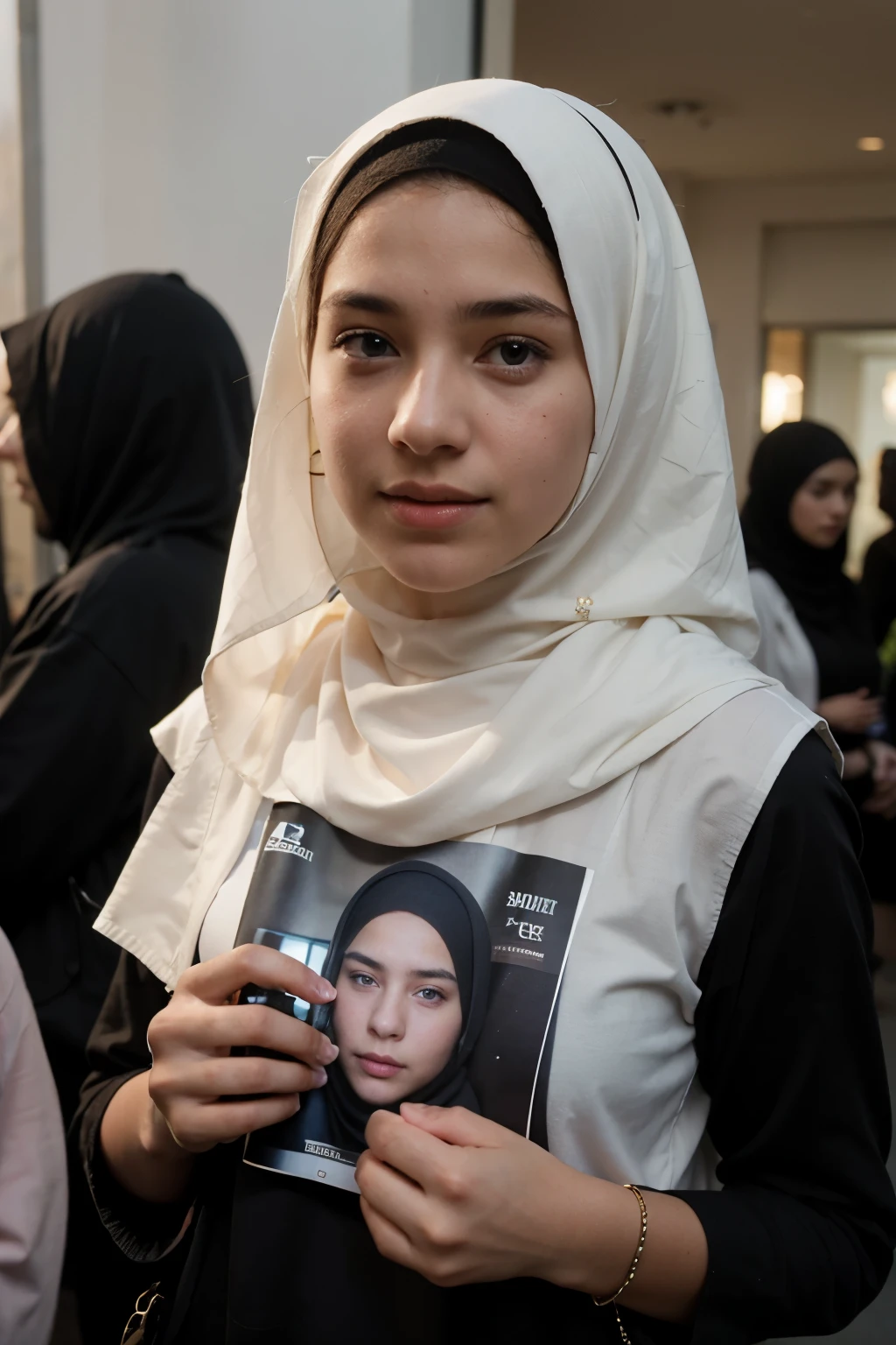 A 15-year-old girl wearing a hijab is telling the news