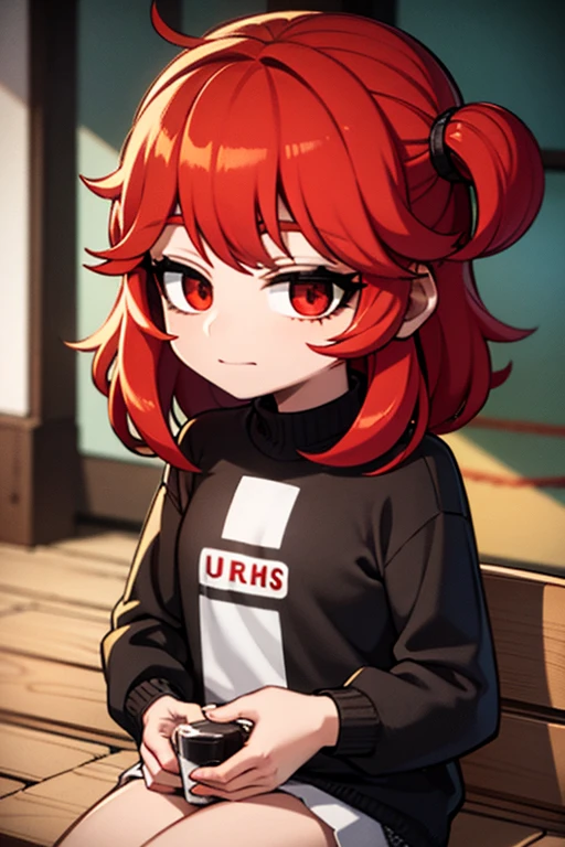 A red haired girl with red eyes is sipping hot chocolate on a lap