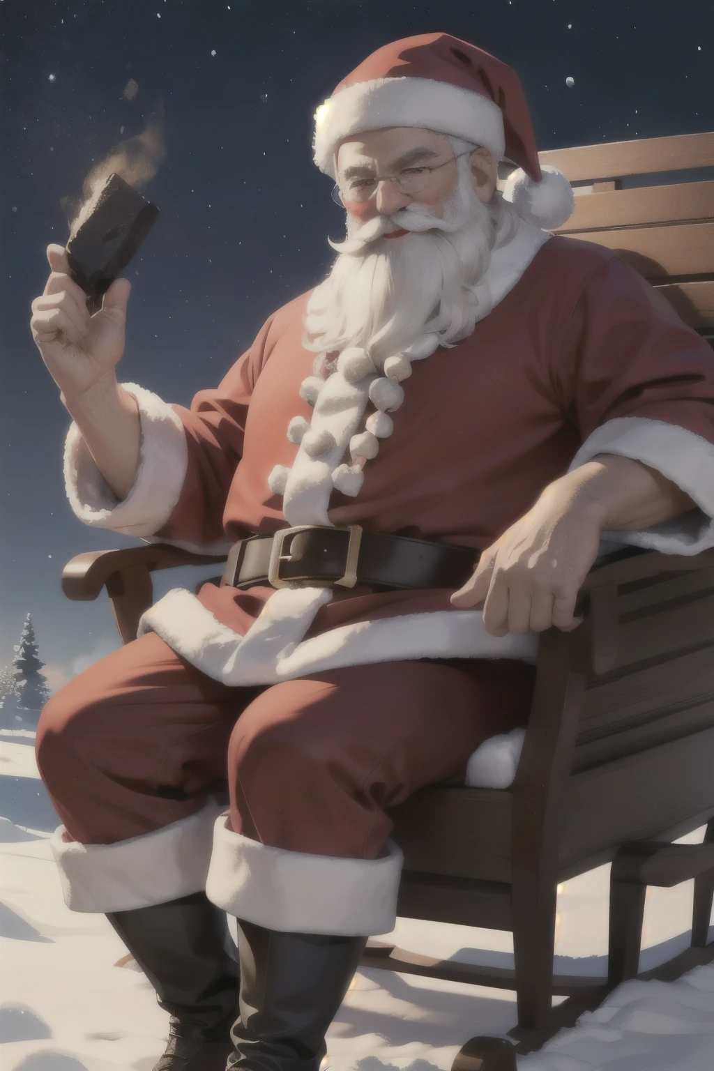 Santa Claus, Cuerpo regordete, sitting in the christmas sleigh, holding a piece of coal with the left hand, pointing with the index finger of the right hand towards the camera, sonrisa agradable, christmas winter landscape, renos, ultra detallado