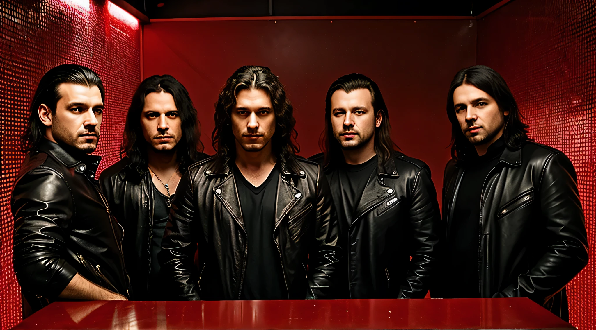 three men in leather clothes posing for a photo in front of a red light, apocalytic, Johnny Silverhand, new wave of british heavy metal, Foto de um ensaio promocional, foto promocional, menacing pose, foto promocional, Promo da banda de heavy metal, WWE, foto promocional da banda de rock pesado, menacing stare, red lighting on their faces, olhar agressivo, promocional ainda