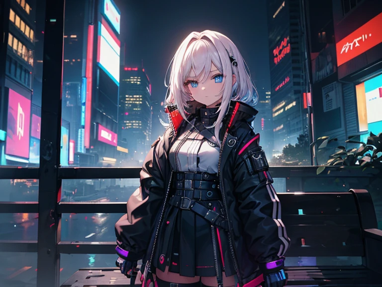 Style cyberpunk, a young girl with white cheveux, long_cheveux , asseyez-vous sur un banc noir, porter une boucle d'oreille dorée, Motorized exosquelette, en ville, La nuit, Masterpiece, Best quality