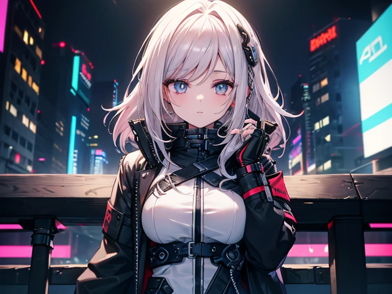 Style cyberpunk, a young girl with white cheveux, long_cheveux , asseyez-vous sur un banc noir, porter une boucle d'oreille dorée, Motorized exosquelette, en ville, La nuit, Masterpiece, Best quality