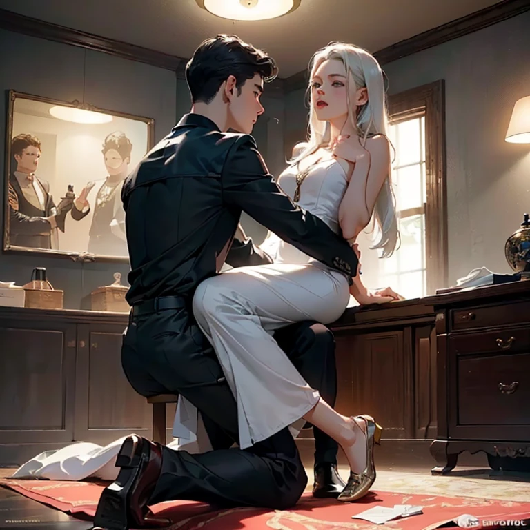 (high-res,masterpiece:1.2),full-body,lean boy:0.5 in sex with tall dominating mistress, femdom:1.8, ((confident woman:1.5, gender role reversal:1.2, girl hung over on boy, (( girl roleplaying as boy:1.2, boy roleplaying as girl:1.6, boy wants to be just fucked by Mistress )), reverse upright straddle:1.2, penis from girl , futa)). (cinematic lighting),