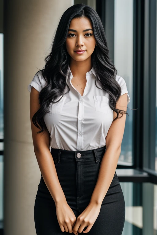 1girl in, age24, Solo, Long wavy hair, Colossal tits, long messy windy black hair, camera facing down at, looking up at camera, half smile, biting lip, blondehair,at Burj Khalifa, Full body, (extremely detailed 8k wallpaper), soft lighting, high quality, film grain, Fujifilm XT3 sharp focus, f 5.6, 50mm,  High Detail, Sharp focus,(natural light), (seductive),full black jeans and shirt outfit, pure black skirt, revealing, Realistic, A sexy