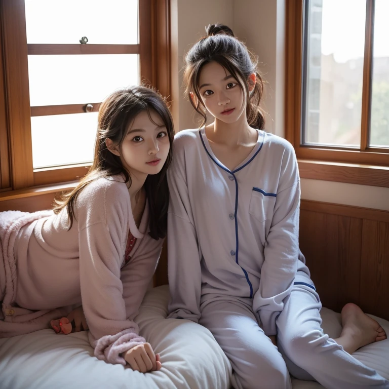 masutepiece, Best Quality, {Best Quality}, {{masutepiece}}, {hight resolution}, Winter morning in pajamas、The morning sun shines through the window、lyin in bed、waking up、((DEKU)),((Lori face)),cute girl with small breasts、