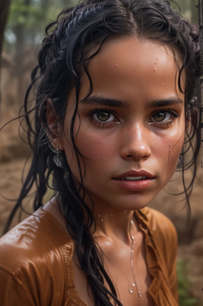 ((Zoe Kravitz)), ((sie steht in der Savanne unter einem Baum)), bedrohliche Gewitterwolken im Hintergrund, ((es regnet)), ((wet clothing)), ((wet hair)), (wet body), (she wears an ochre-colored long dress), ((she has round breasts)), (kleiner Kopf), ((detailliertes Gesicht)), Weiches filmisches Licht, ((((Kino-Look)))), (fotorealistisch), (Raytracing), (scharfer Fokus), ((natural realistic skin texture)), detailliertes Gesicht, detaillierte Lippen, detaillierte Augen, doppeltes Augenlid, (1 Bild), (1 Frau)