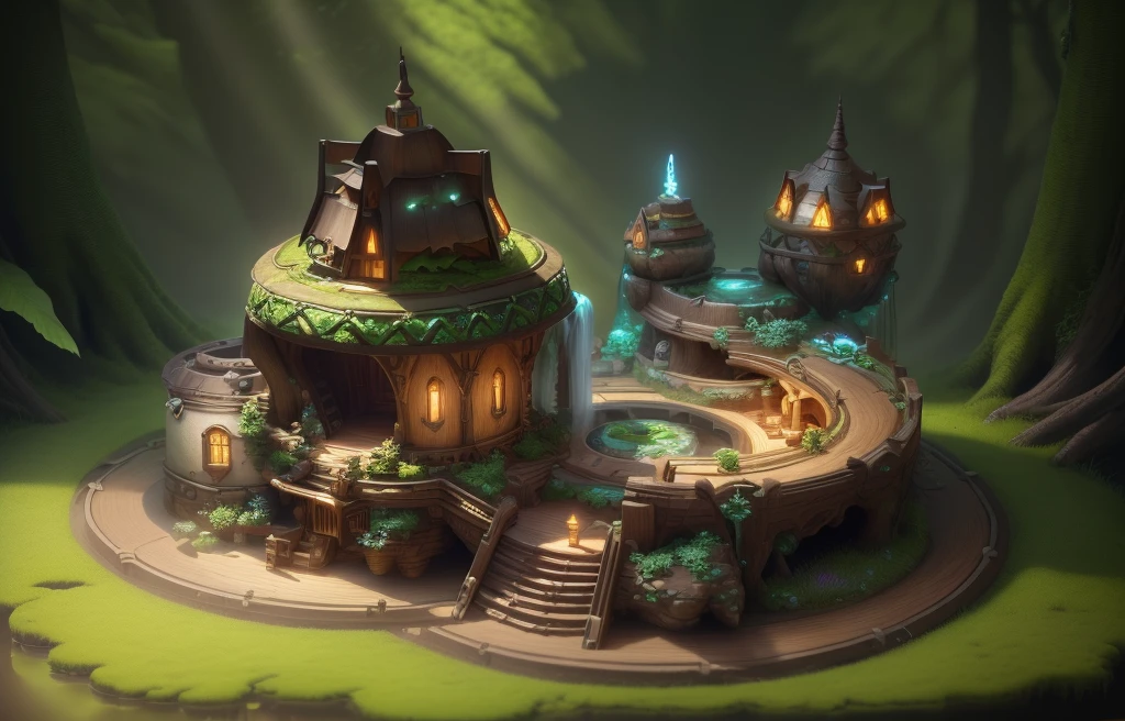masterpiece, best quality, (extremely detailed CG unity 8k wallpaper), (best quality), (best illustration), (best shadow),( A mushroom house covered with moss),(((Fantasy))),(((spirit))),(((dew))),(timbo),(creek),firefly,clover,wtarlight surrounds the room,petal, isometric 3D, octane render,ray tracing,ultra detailed,